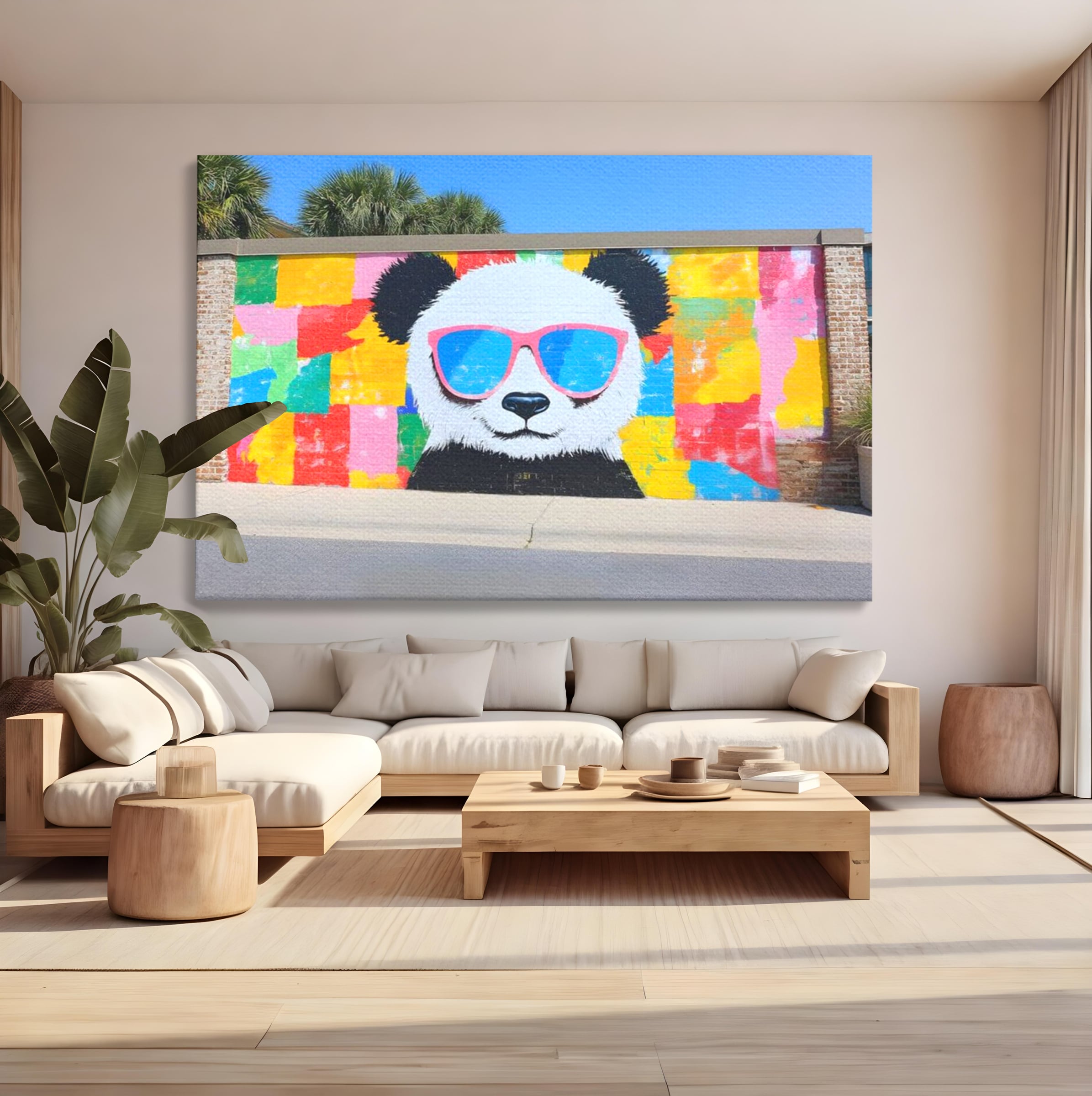 Tablou canvas cu tablou canvas cu panda grafitat, fara rama, pe sasiu de lemn, pe perete intr-un living